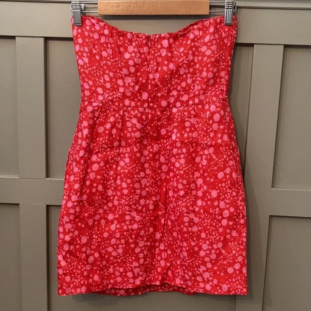 J. Crew 100% Linen Printed Strapless Dress Red & Pink Size 2